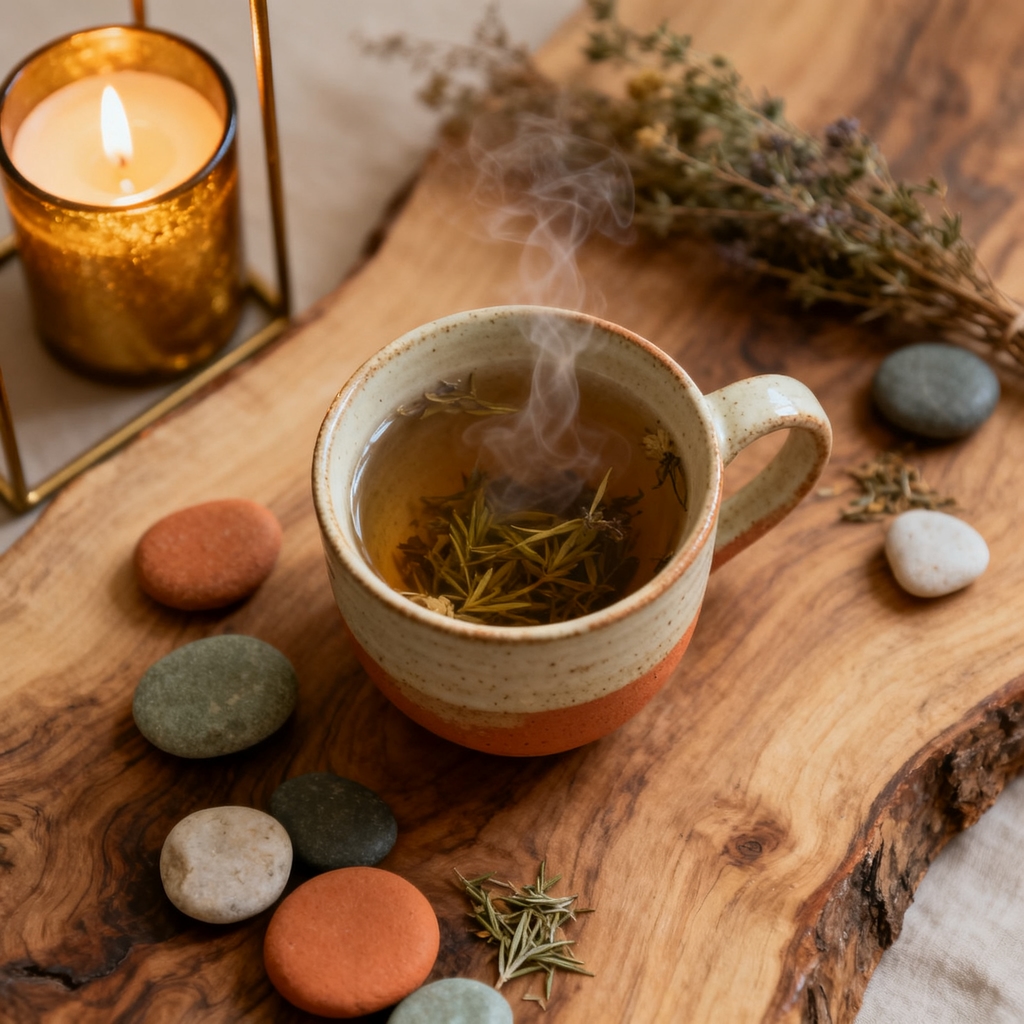 A handmade ceramic cup of steaming herbal tea surrounded by small stones and dried herbs on a wood surface