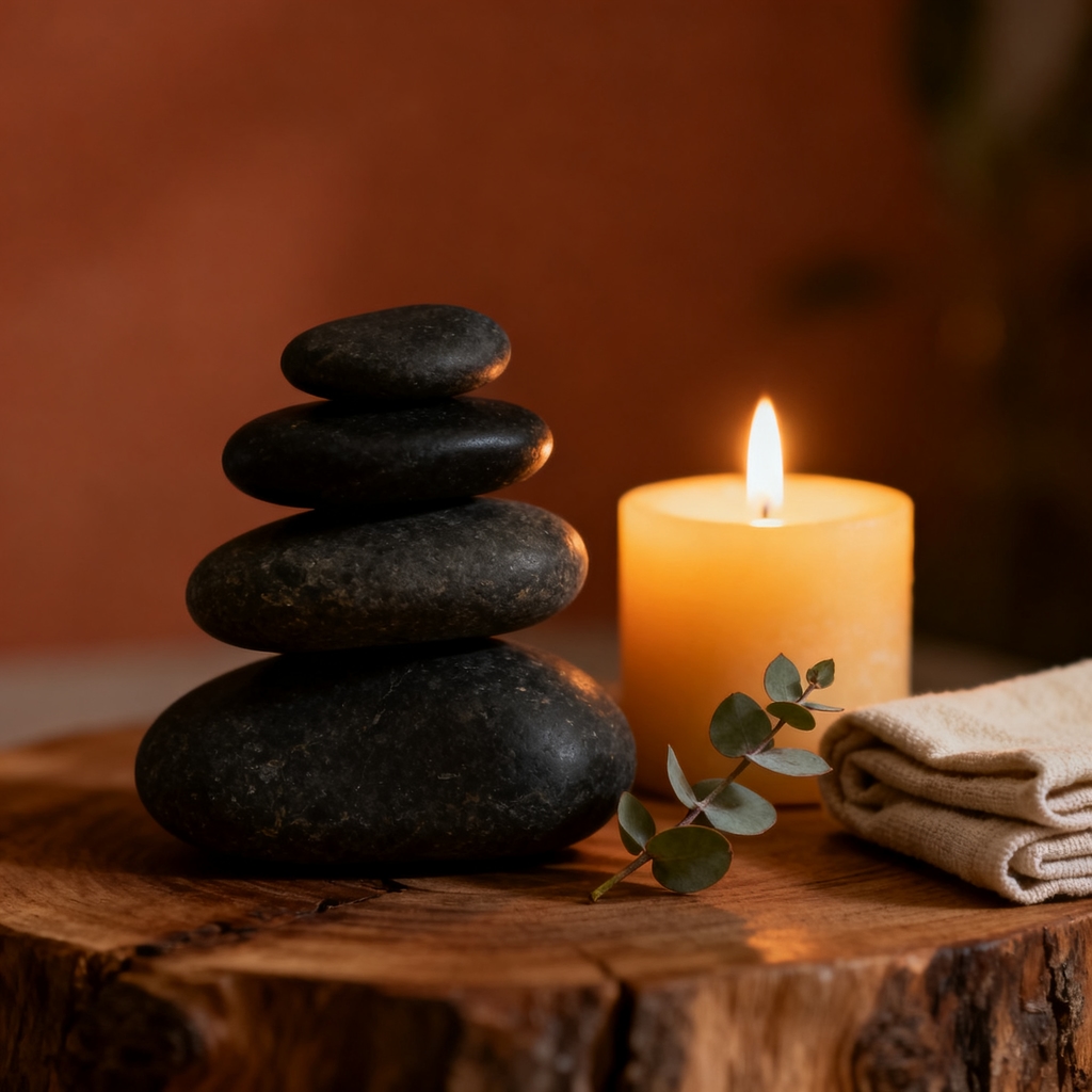 Smooth stones in a balanced cairn beside a softly glowing candle, evoking a calm reflexology space
